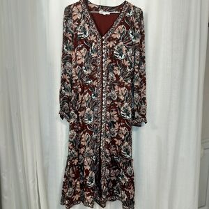 DR2 Long Floral Brown Button Down Dress Size S Prairie Boho Cottagecore‎ Western